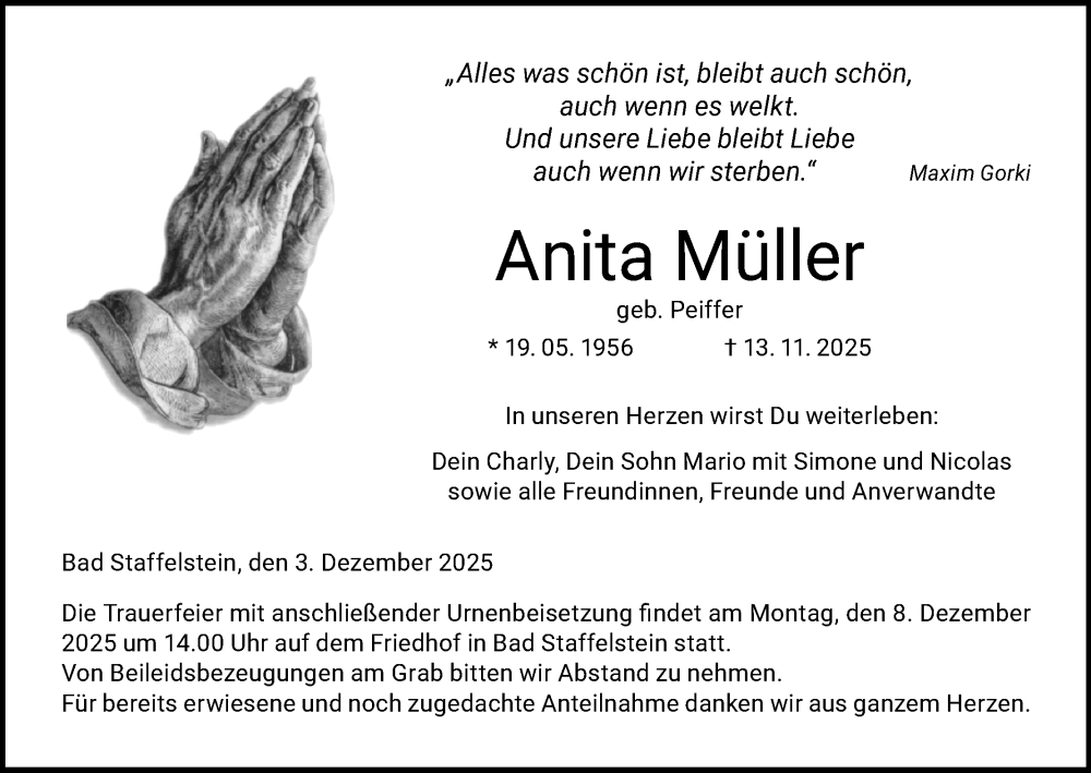 Traueranzeige für Anita Müller vom 03.12.2025 aus MGO