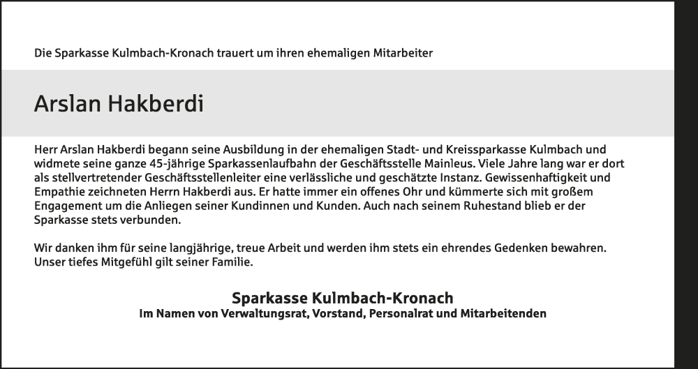  Traueranzeige für Arslan Hakberdi vom 17.12.2025 aus MGO