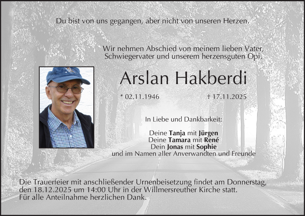  Traueranzeige für Arslan Hakberdi vom 13.12.2025 aus MGO
