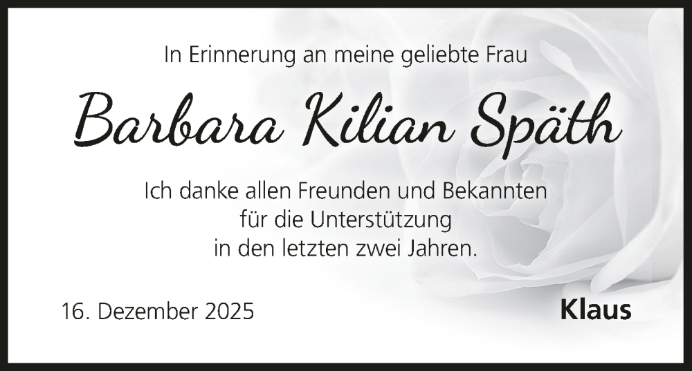  Traueranzeige für Barbara Kilian Späth vom 20.12.2025 aus MGO