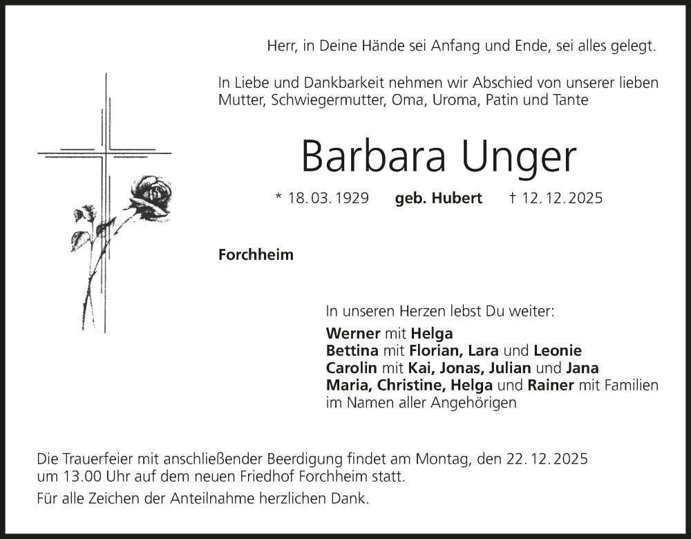  Traueranzeige für Barbara Unger vom 20.12.2025 aus MGO