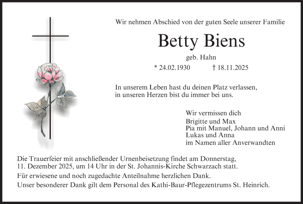  Traueranzeige für Betty Biens vom 09.12.2025 aus MGO