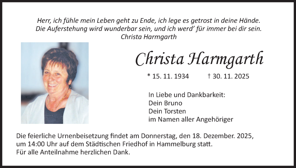  Traueranzeige für Christa Harmgarth vom 13.12.2025 aus MGO