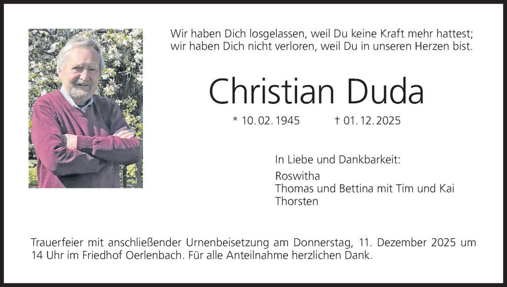  Traueranzeige für Christian Duda vom 06.12.2025 aus MGO
