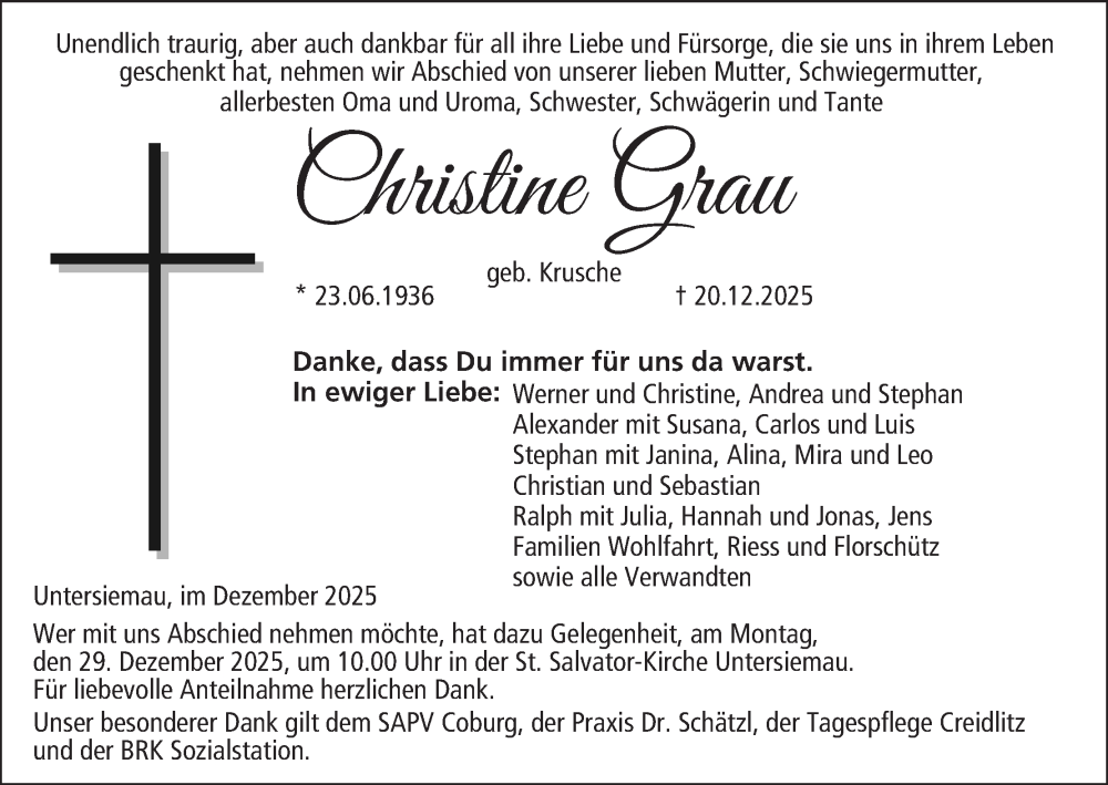  Traueranzeige für Christine Grau vom 24.12.2025 aus MGO