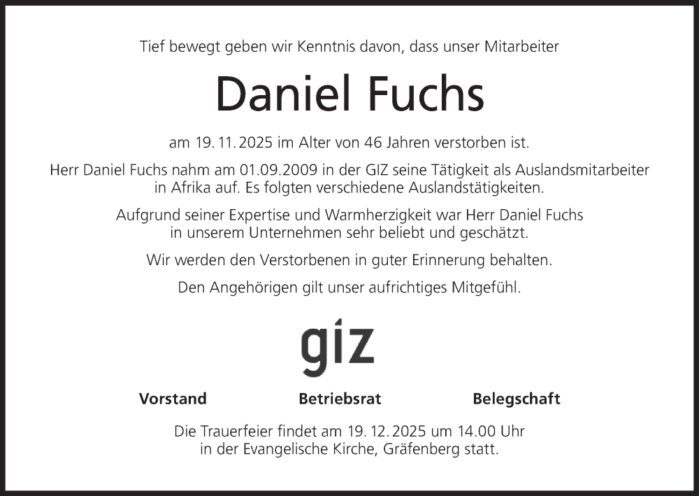 Traueranzeige für Daniel Fuchs vom 16.12.2025 aus MGO