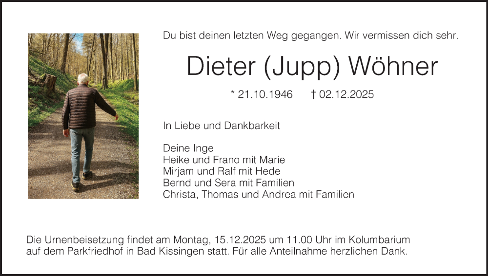  Traueranzeige für Dieter Wöhner vom 13.12.2025 aus MGO