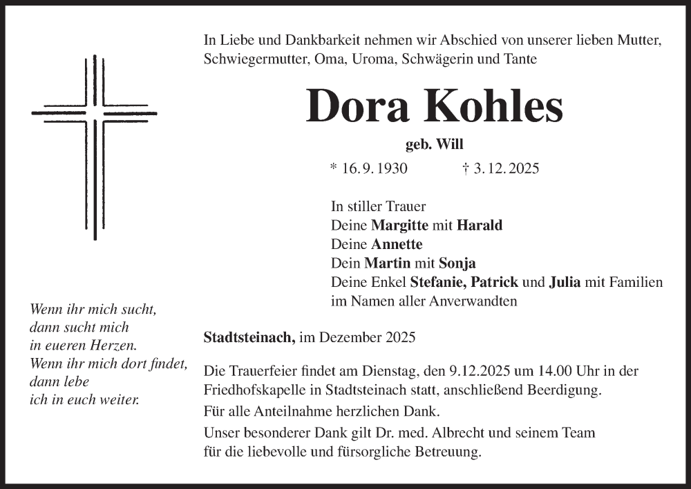  Traueranzeige für Dora Kohles vom 06.12.2025 aus MGO