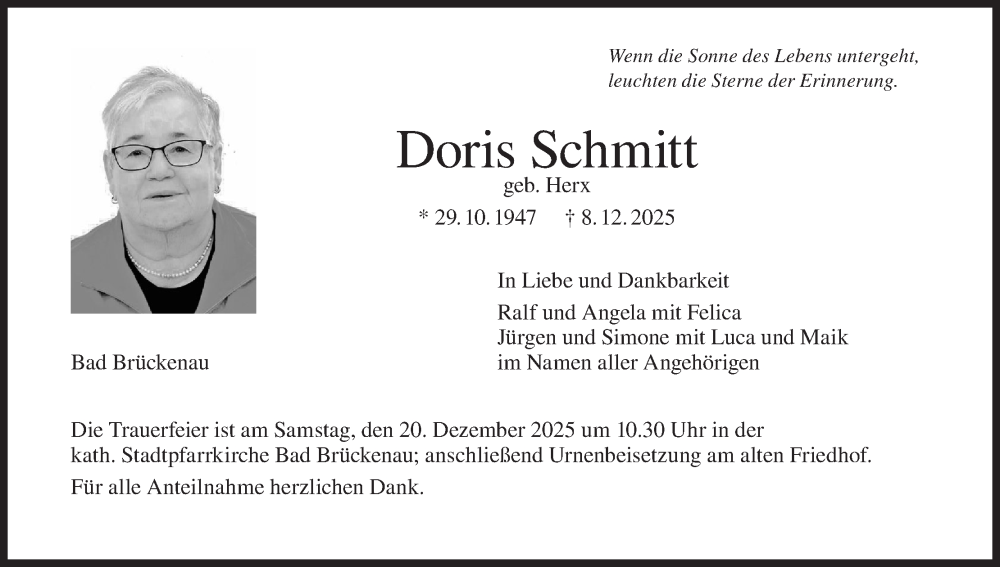  Traueranzeige für Doris Schmitt vom 13.12.2025 aus MGO