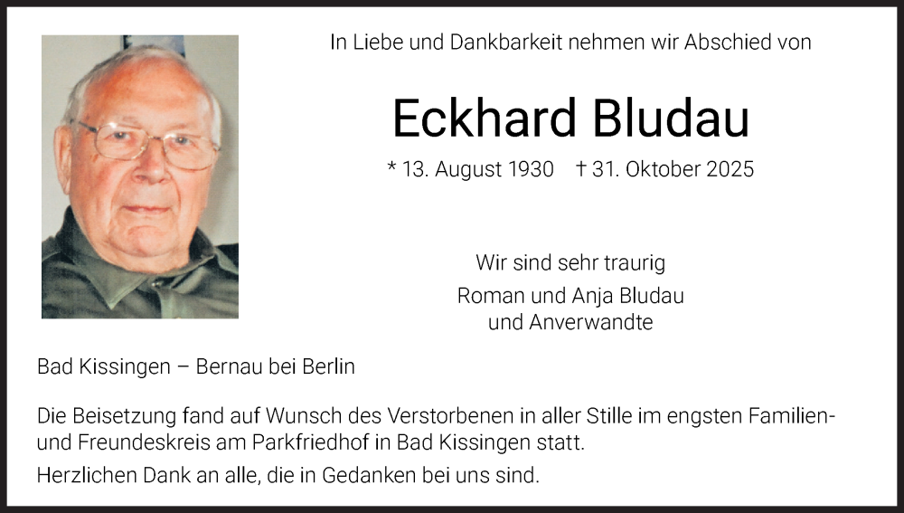  Traueranzeige für Eckhard Bludau vom 06.12.2025 aus MGO