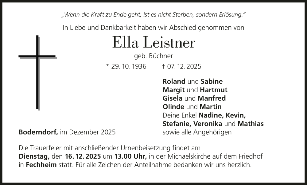  Traueranzeige für Ella Leistner vom 13.12.2025 aus MGO