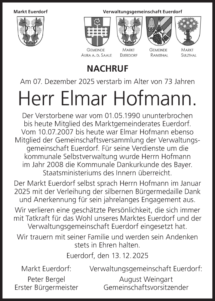  Traueranzeige für Elmar Hofmann vom 20.12.2025 aus MGO