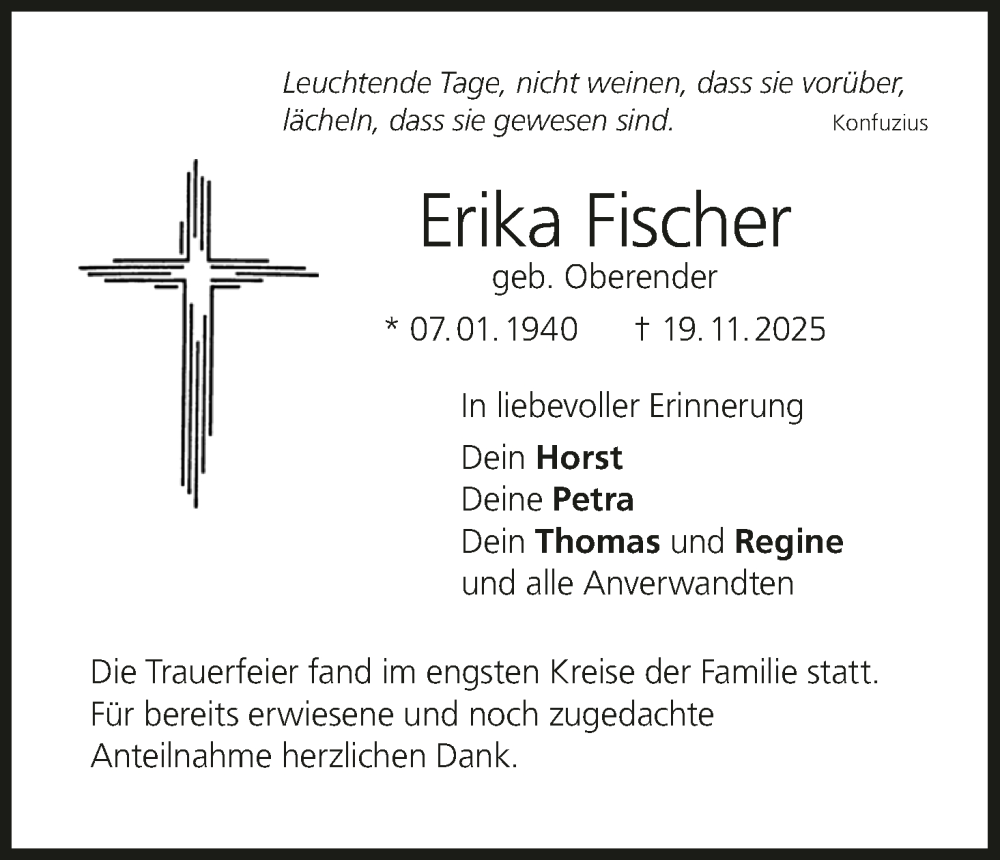  Traueranzeige für Erika Fischer vom 06.12.2025 aus MGO
