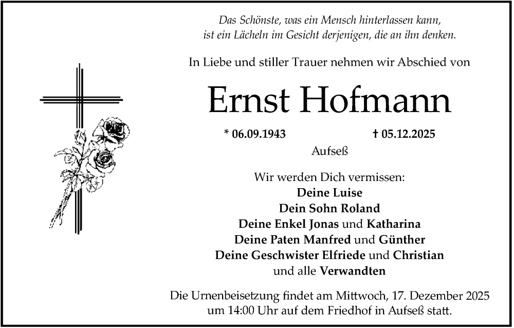  Traueranzeige für Ernst Hofmann vom 13.12.2025 aus MGO