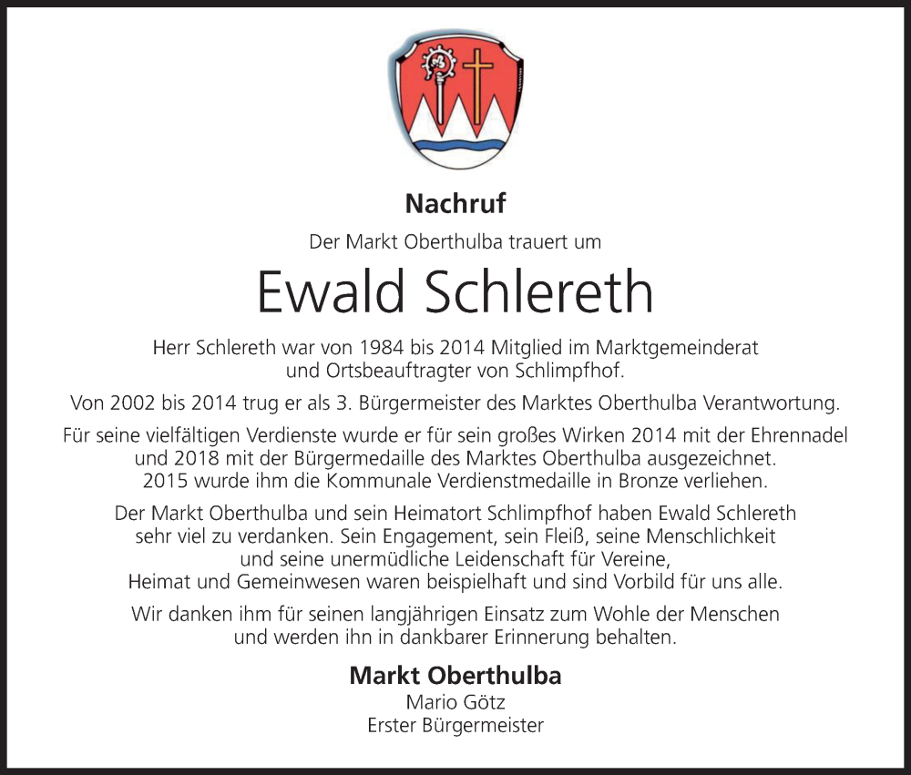  Traueranzeige für Ewald Schlereth vom 20.12.2025 aus MGO