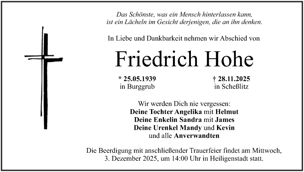  Traueranzeige für Friedrich Hohe vom 02.12.2025 aus MGO