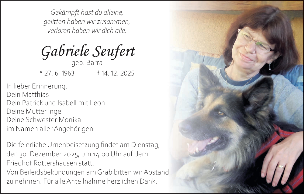  Traueranzeige für Gabriele Seufert vom 27.12.2025 aus MGO