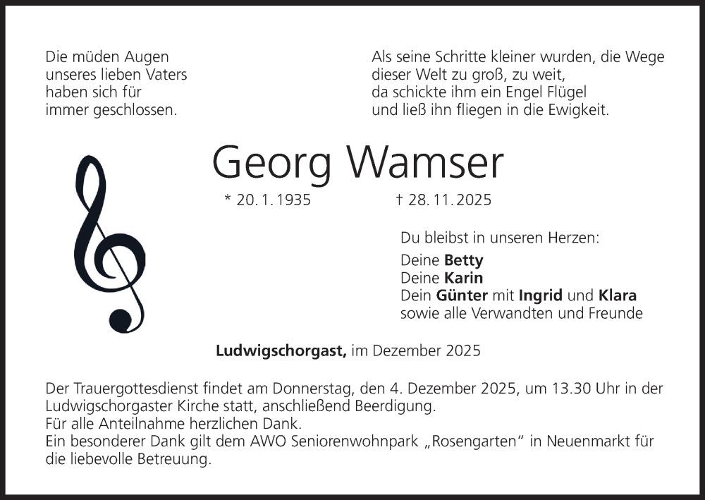  Traueranzeige für Georg Wamser vom 02.12.2025 aus MGO