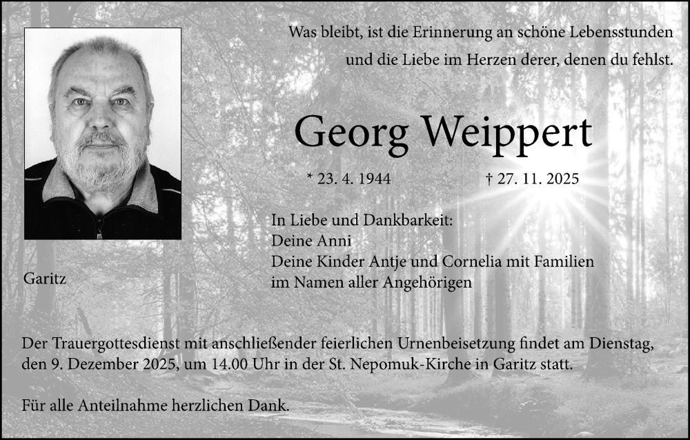  Traueranzeige für Georg Weippert vom 06.12.2025 aus MGO