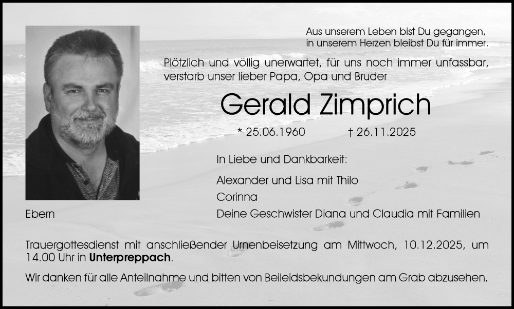  Traueranzeige für Gerald Zimprich vom 06.12.2025 aus MGO
