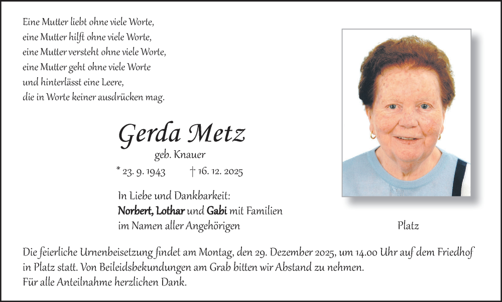  Traueranzeige für Gerda Metz vom 20.12.2025 aus MGO