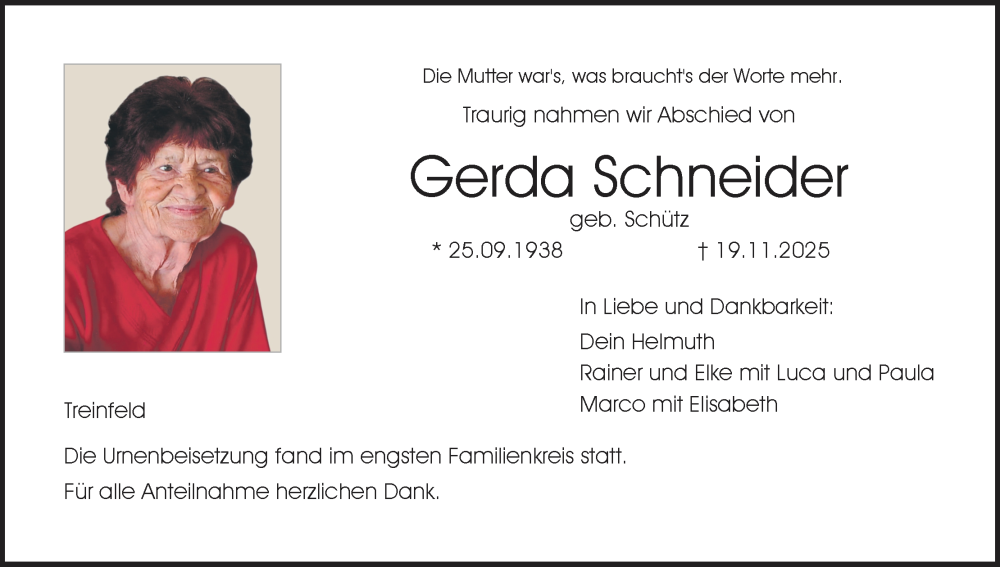  Traueranzeige für Gerda Schneider vom 05.12.2025 aus MGO