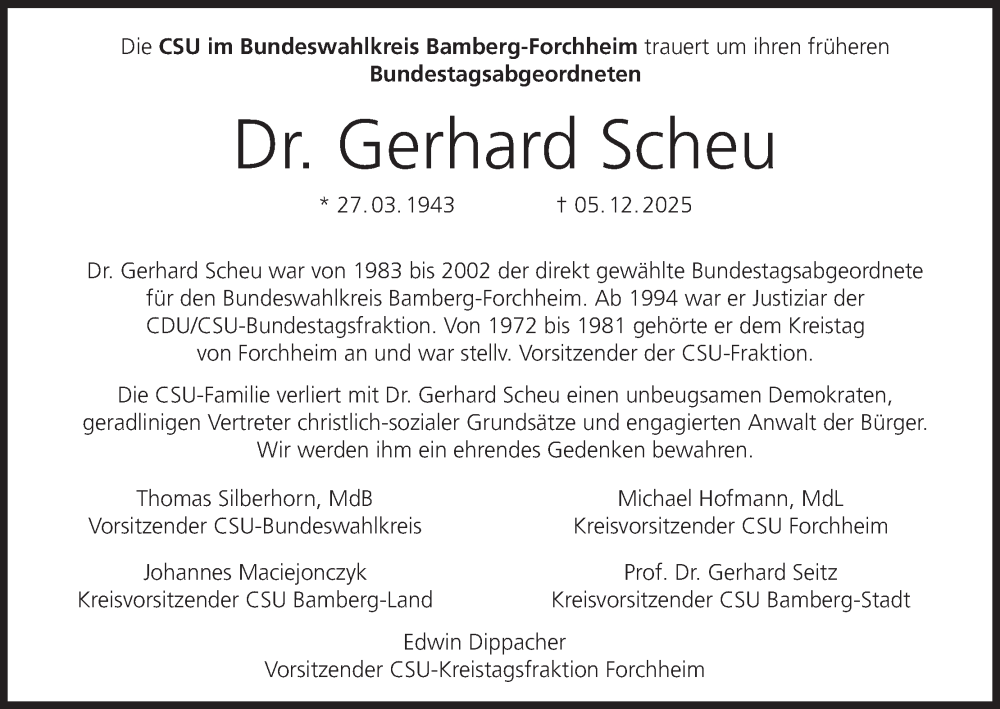  Traueranzeige für Gerhard Scheu vom 20.12.2025 aus MGO