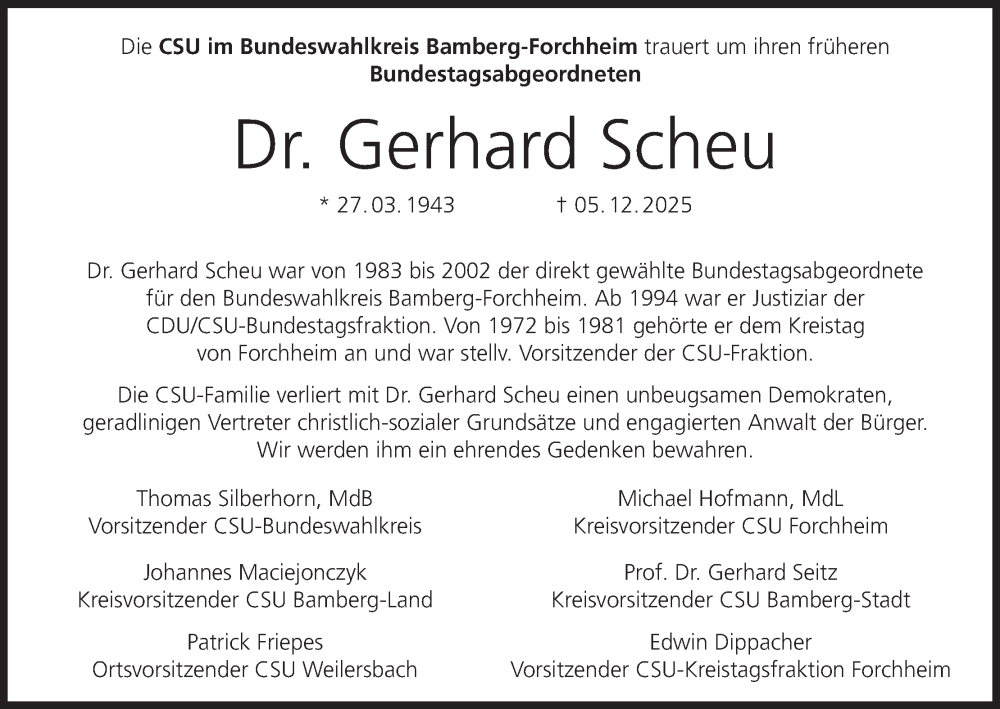  Traueranzeige für Gerhard Scheu vom 20.12.2025 aus MGO