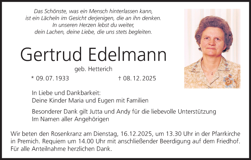  Traueranzeige für Gertrud Edelmann vom 13.12.2025 aus MGO