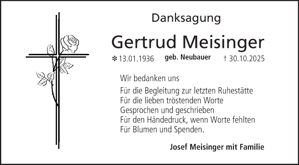  Traueranzeige für Gertrud Meisinger vom 06.12.2025 aus MGO