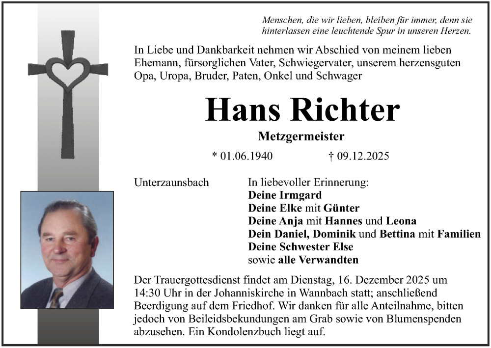  Traueranzeige für Hans Richter vom 13.12.2025 aus MGO