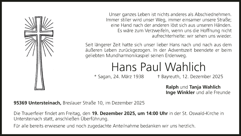  Traueranzeige für Hans Paul Wahlich vom 17.12.2025 aus MGO
