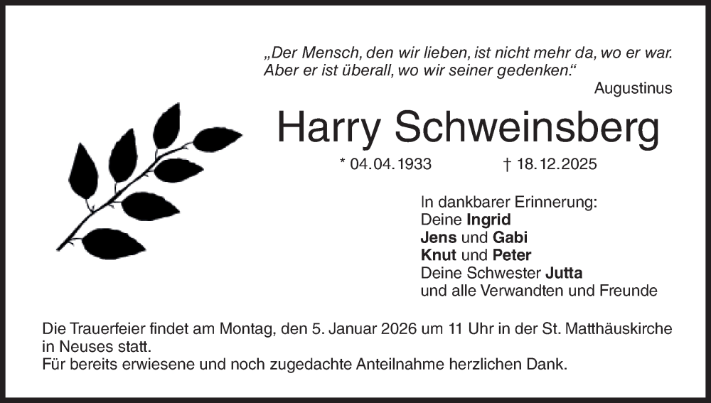  Traueranzeige für Harry Schweinsberg vom 27.12.2025 aus MGO