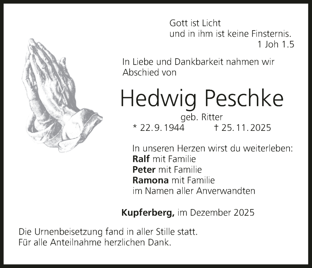  Traueranzeige für Hedwig Peschke vom 13.12.2025 aus MGO