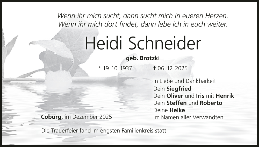  Traueranzeige für Heidi Schneider vom 20.12.2025 aus MGO