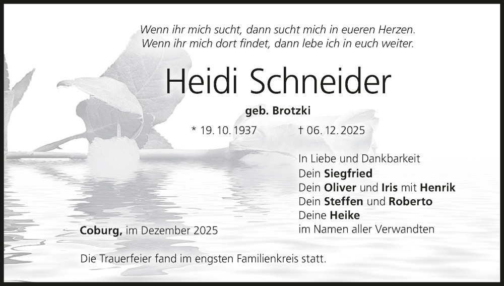  Traueranzeige für Heidi Schneider vom 13.12.2025 aus MGO