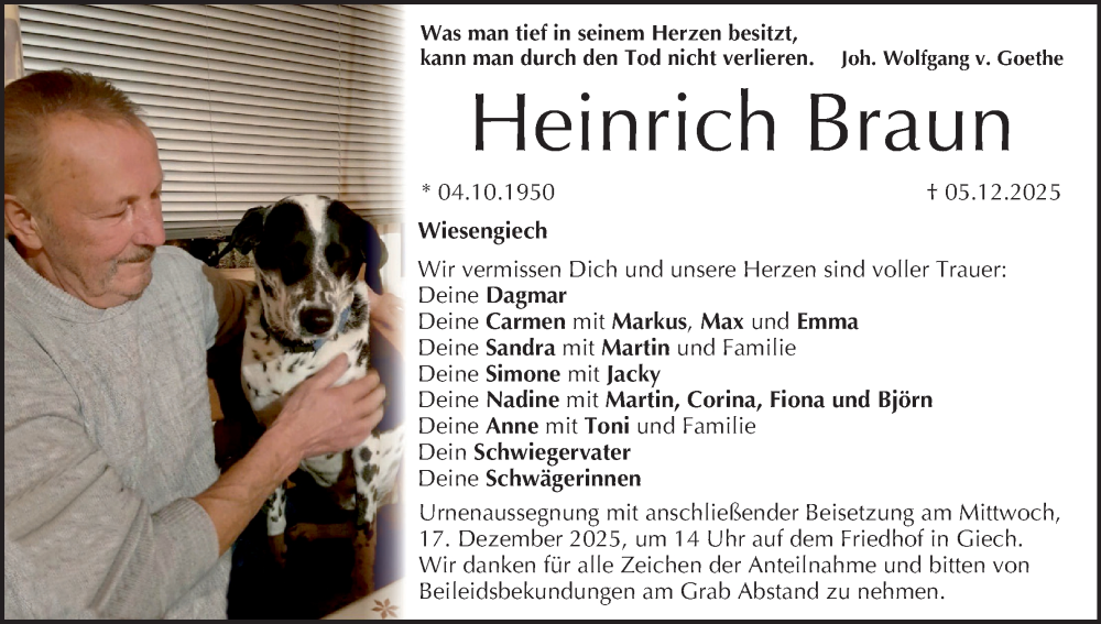  Traueranzeige für Heinrich Braun vom 13.12.2025 aus MGO