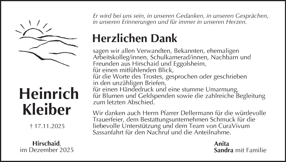  Traueranzeige für Heinrich Kleiber vom 20.12.2025 aus MGO