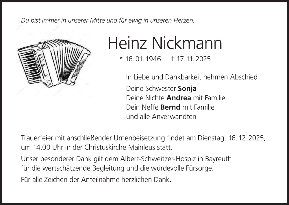  Traueranzeige für Heinz Nickmann vom 13.12.2025 aus MGO