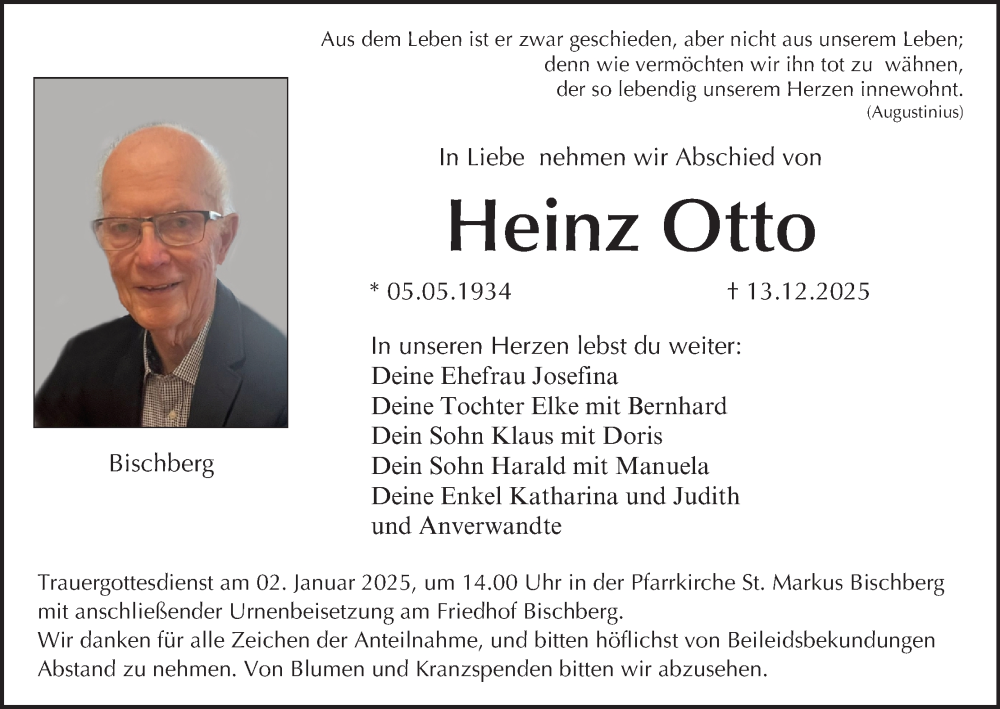  Traueranzeige für Heinz Otto vom 27.12.2025 aus MGO