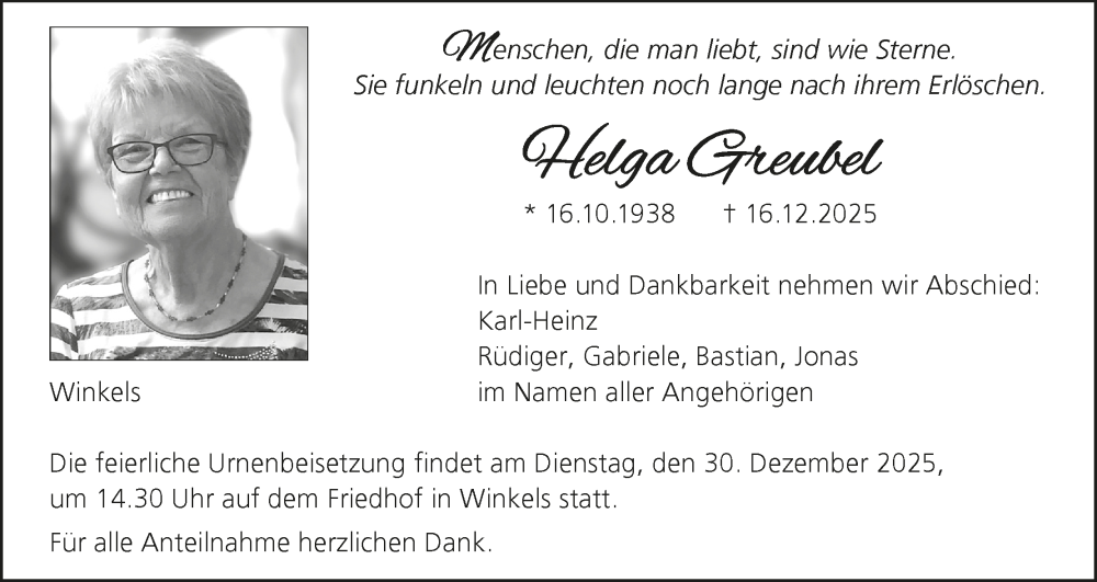  Traueranzeige für Helga Greubel vom 20.12.2025 aus MGO