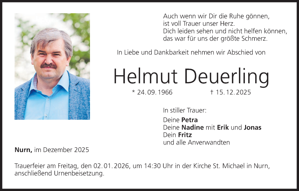  Traueranzeige für Helmut Deuerling vom 29.12.2025 aus MGO