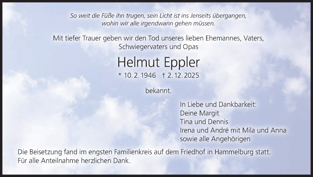  Traueranzeige für Helmut Eppler vom 20.12.2025 aus MGO