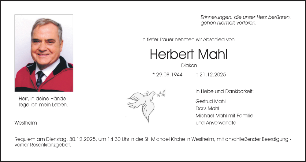  Traueranzeige für Herbert Mahl vom 24.12.2025 aus MGO