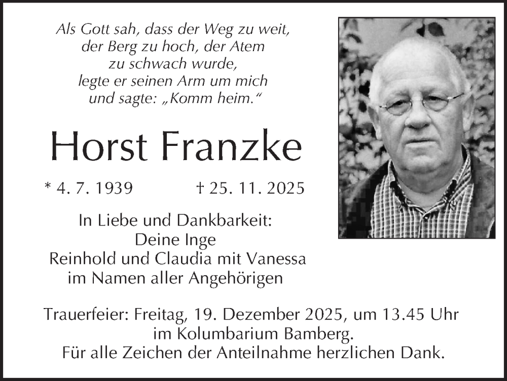  Traueranzeige für Horst Franzke vom 13.12.2025 aus MGO