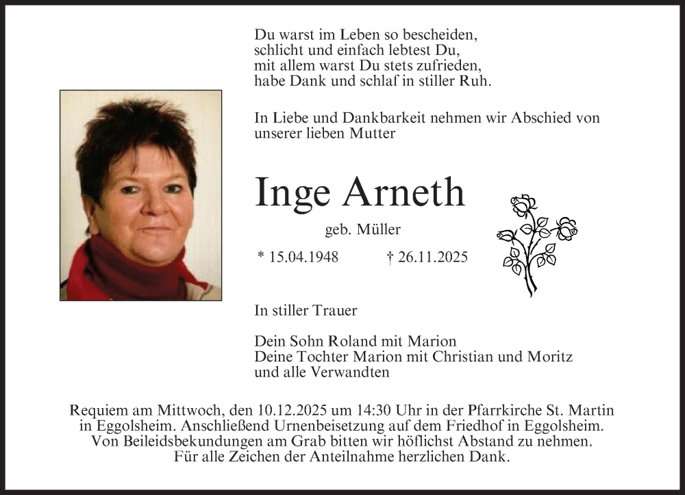  Traueranzeige für Inge Arneth vom 06.12.2025 aus MGO