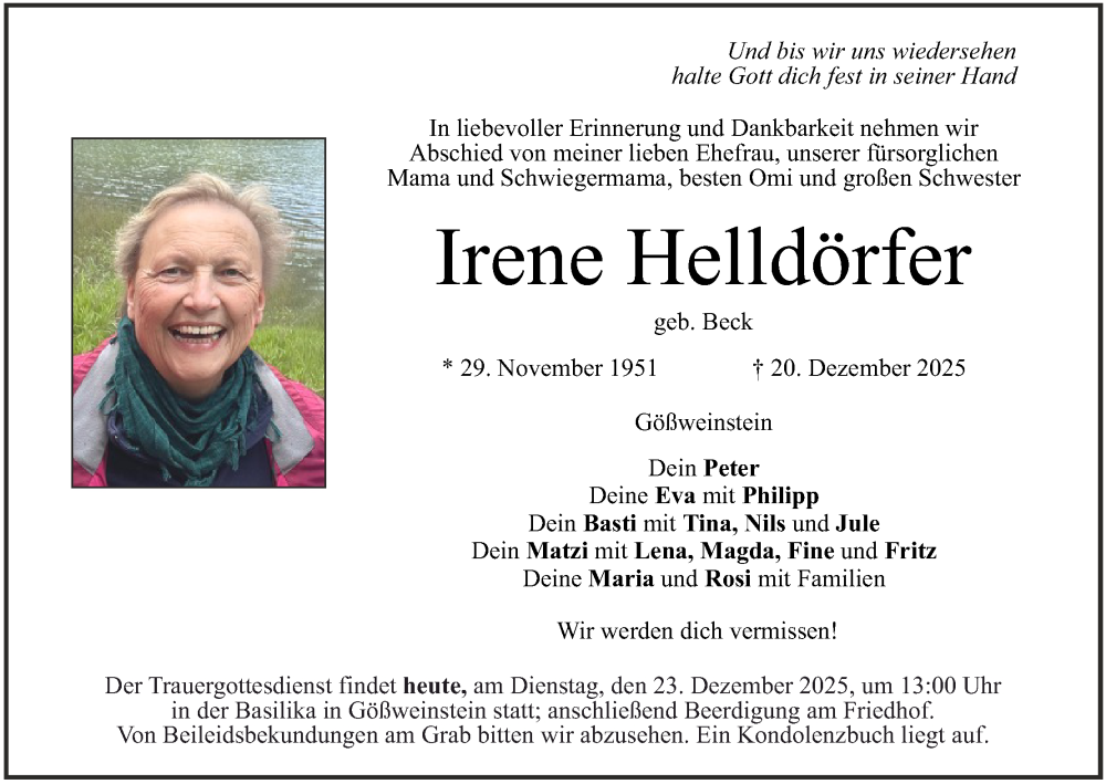  Traueranzeige für Irene Helldörfer vom 23.12.2025 aus MGO