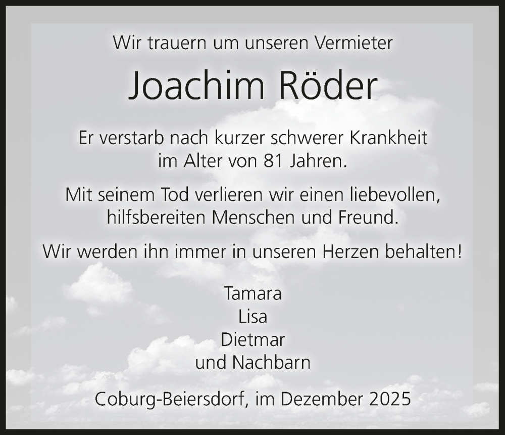  Traueranzeige für Joachim Röder vom 20.12.2025 aus MGO