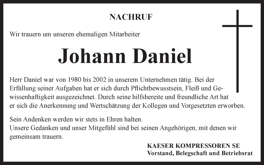  Traueranzeige für Johann Daniel vom 09.12.2025 aus MGO