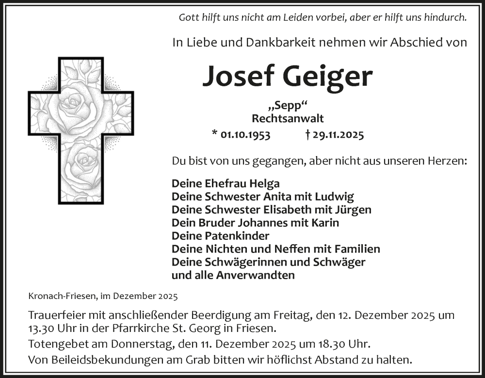  Traueranzeige für Josef Geiger vom 06.12.2025 aus MGO